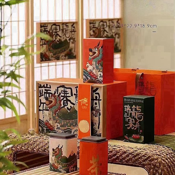端午赛龙舟礼盒实拍(木框书法大盒·祥龙茶罐组合)